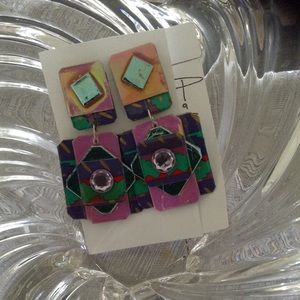 Opalescent lav/aqua print hand made retro earrings